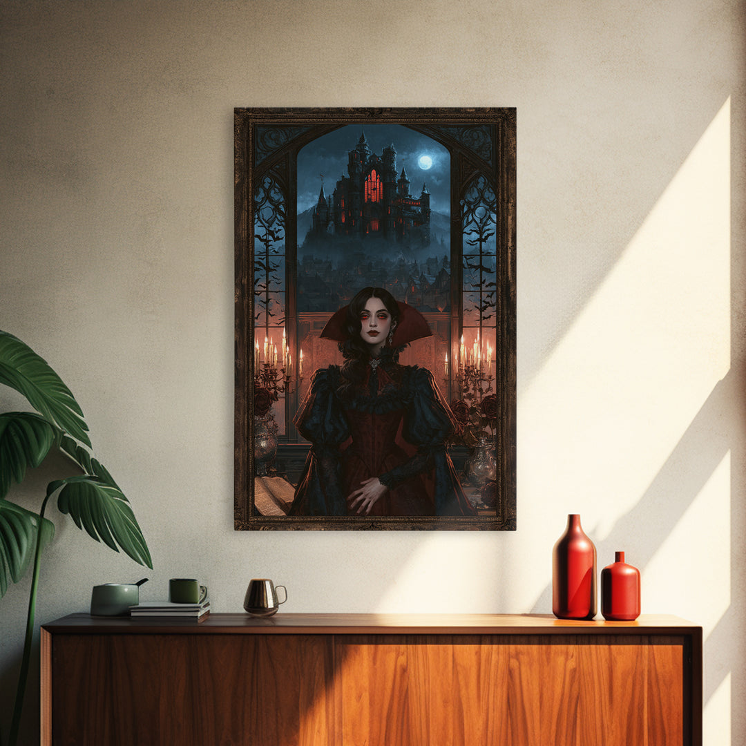 The Vampire Castle, Victorian Horror Portrait, Vertical Wall Art, Framed Canvas Print, Gothic Wall Decor, Halloween Portrait Art