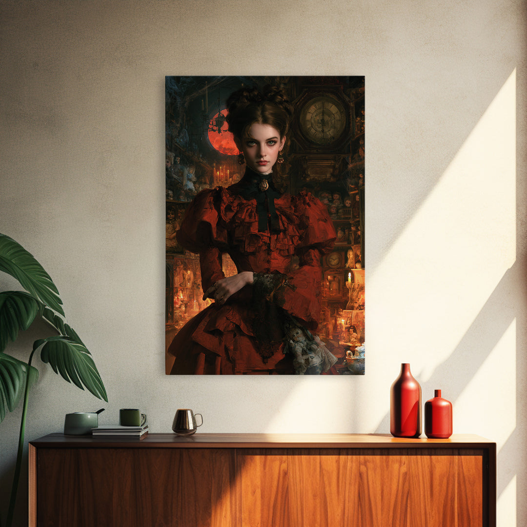 The Midnight Antique Shop, Dark Academia Wall Art, Vertical Wall Art, Framed Canvas Print, Gothic Wall Decor, Halloween Portrait Art