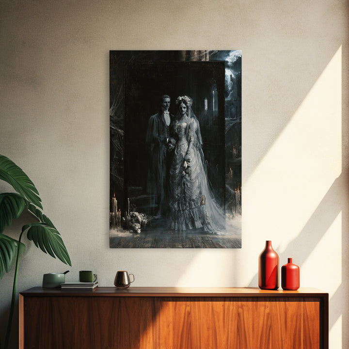 The Ghost Wedding, Victorian Horror Portrait, Vertical Wall Art, Framed Canvas Print, Gothic Wall Decor, Halloween Portrait Art