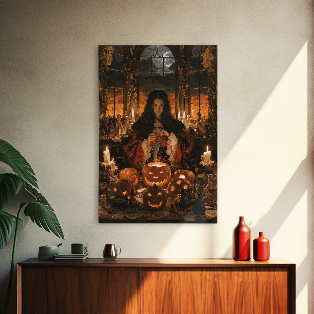 The Pumpkin-Carving Ritual, Victorian Gothic Art, Vertical Wall Art, Canvas Print, Gothic Wall Decor, Halloween Portrait Art