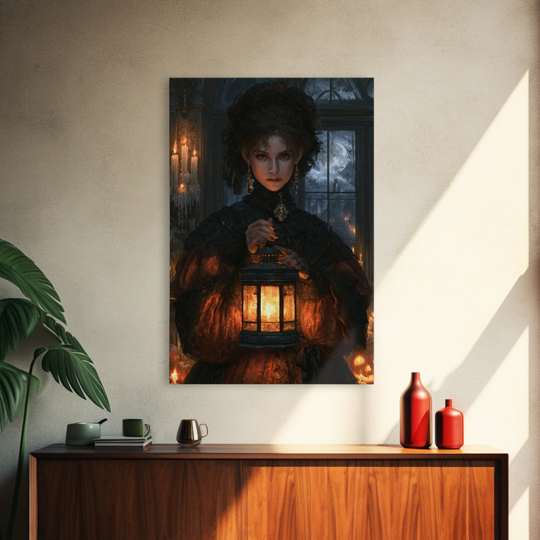 The Cemetery Lantern Festival, Antique Gothic Portrait, Vertical Wall Art, Canvas Print, Gothic Wall Decor, Halloween Portrait Art