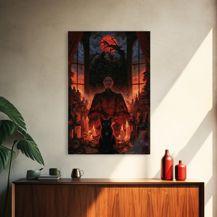 The Black Cat Gathering, Macabre Victorian Decor, Vertical Wall Art, Framed Canvas Print, Gothic Wall Decor, Halloween Portrait Art