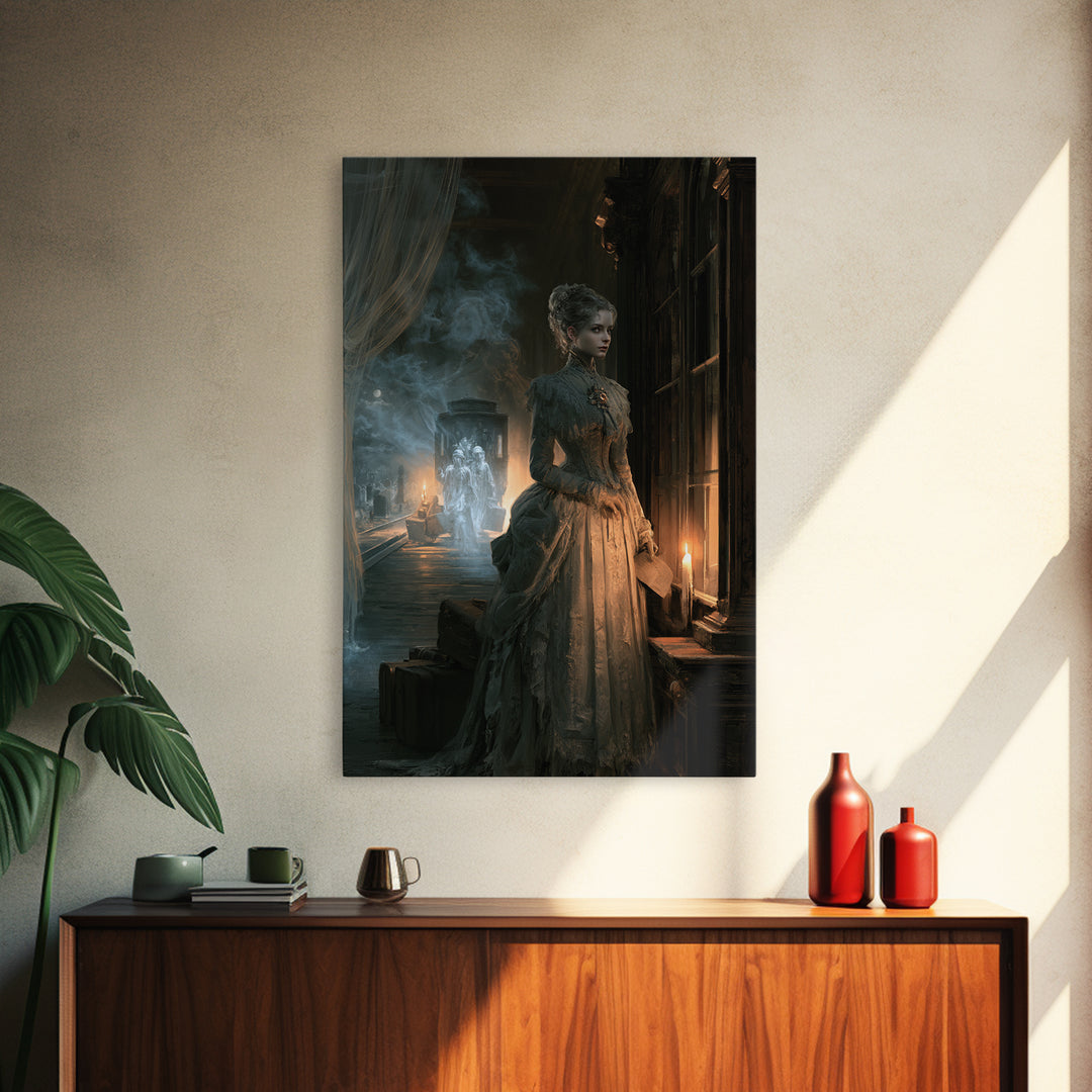 The Ghost Train Arrival, Antique Gothic Portrait, Vertical Wall Art, Framed Canvas Print, Gothic Wall Decor, Halloween Portrait Art