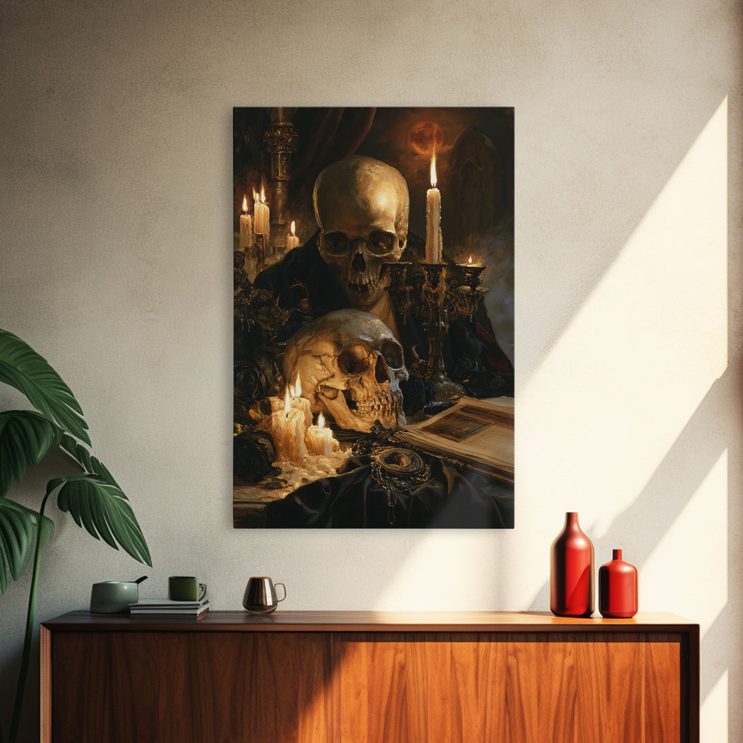 The Talking Skull, Dark Academia Wall Art, Vertical Wall Art, Framed Canvas Print, Gothic Wall Decor, Halloween Portrait Art