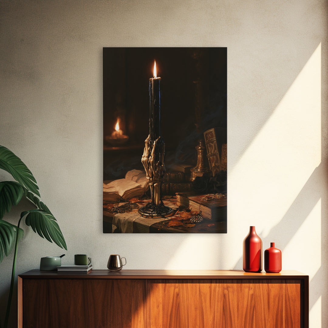 The Skeletal Hand Candleholder, Victorian Horror Portrait, Vertical Wall Art, Canvas Print, Gothic Wall Decor, Halloween Portrait Art