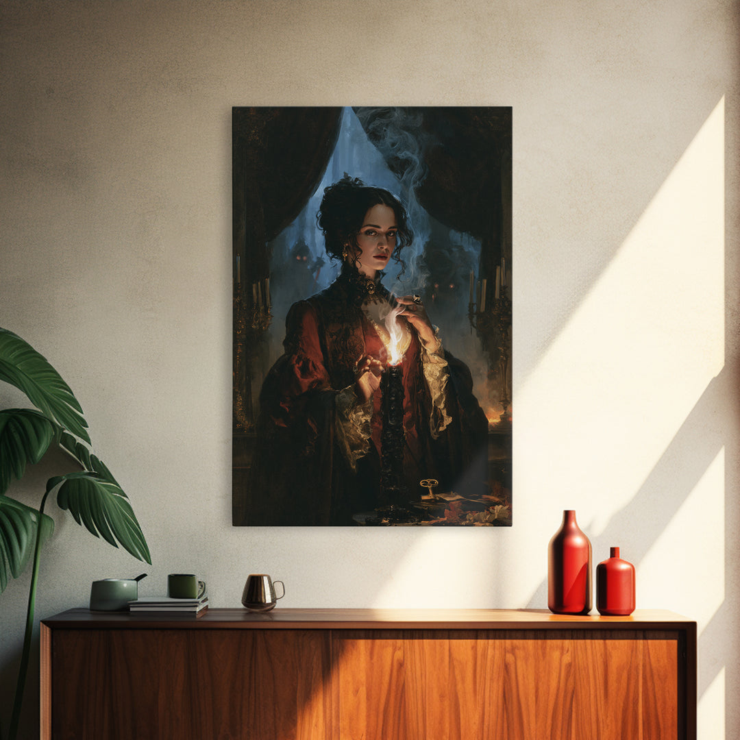 The Black Wax Candle, Dark Academia Wall Art, Vertical Wall Art, Canvas Print, Gothic Wall Decor, Halloween Portrait Art, Horror Wall Art