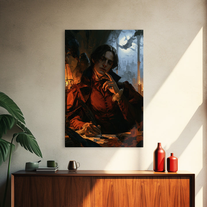 The Raven-Feather Quill, Dark Academia Wall Art, Vertical Wall Art, Canvas Print, Gothic Wall Decor, Halloween Portrait Art, Horror Wall Art