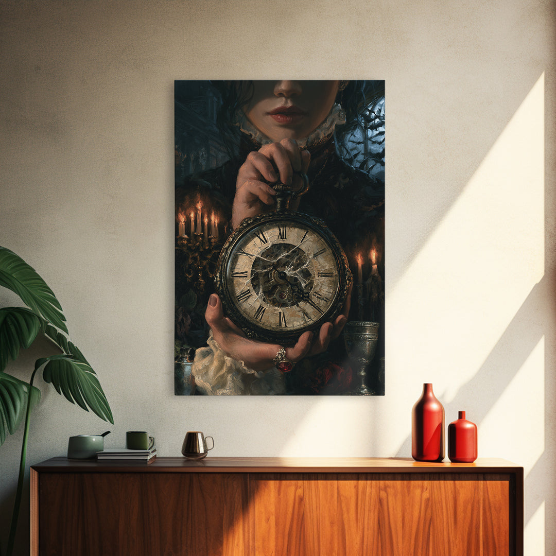 The Cursed Pocket Watch, Victorian Horror Portrait, Vertical Wall Art, Framed Canvas Print, Gothic Wall Decor, Halloween Portrait Art