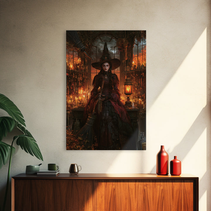 The Witch'S Broom, Dark Academia Wall Art, Vertical Wall Art, Framed Canvas Print, Gothic Wall Decor, Halloween Portrait Art