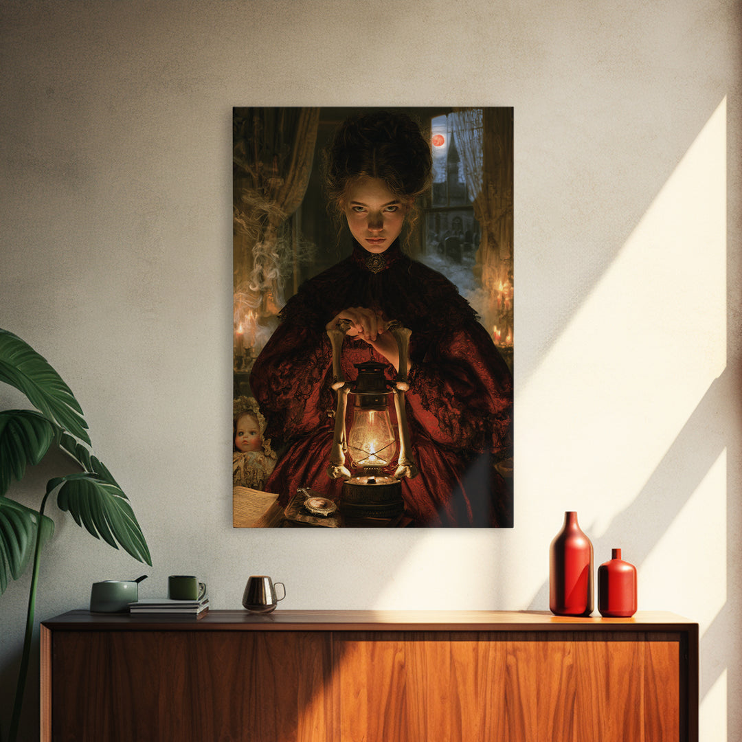 The Bone-Handled Lantern, Antique Gothic Portrait, Vertical Wall Art, Canvas Print, Gothic Wall Decor, Halloween Portrait Art