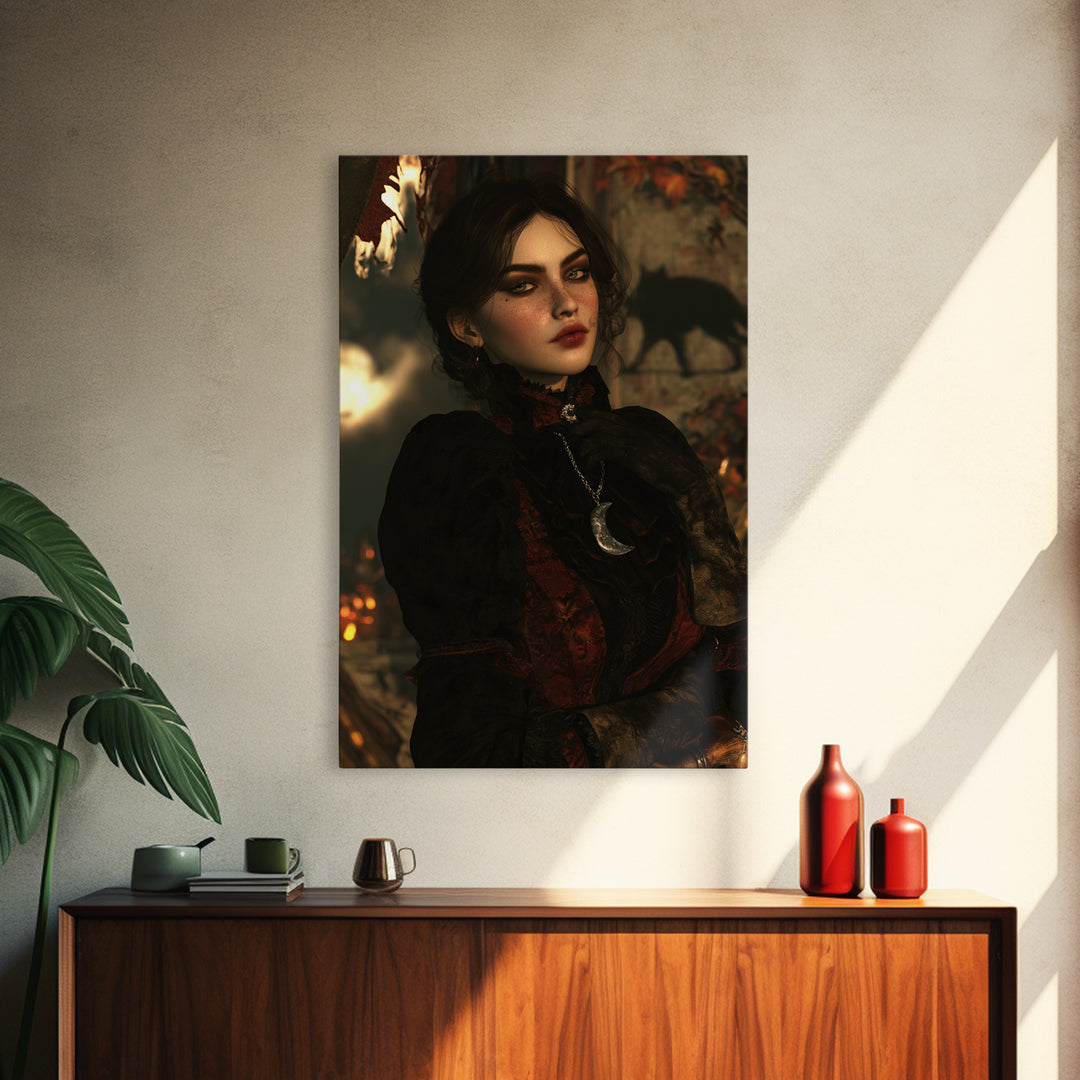 The Moonstone Amulet, Victorian Horror Portrait, Vertical Wall Art, Framed Canvas Print, Gothic Wall Decor, Halloween Portrait Art