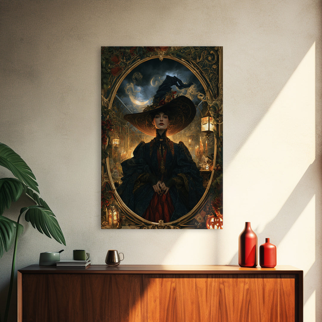 Art Nouveau Witchcraft, Victorian Gothic Art, Vertical Wall Art, Framed Canvas Print, Gothic Wall Decor, Halloween Portrait Art