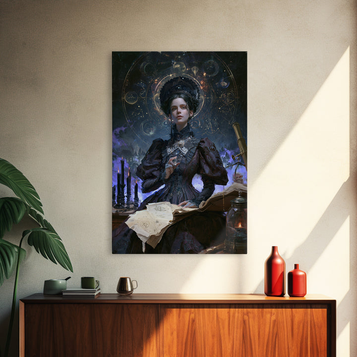 Celestial Witchcraft, Victorian Horror Portrait, Vertical Wall Art, Framed Canvas Print, Gothic Wall Decor, Halloween Portrait Art