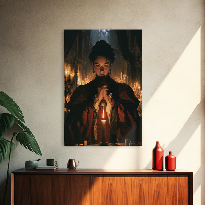 The Candlelit Crypt, Victorian Horror Portrait, Vertical Wall Art, Canvas Print, Gothic Wall Decor, Halloween Portrait Art