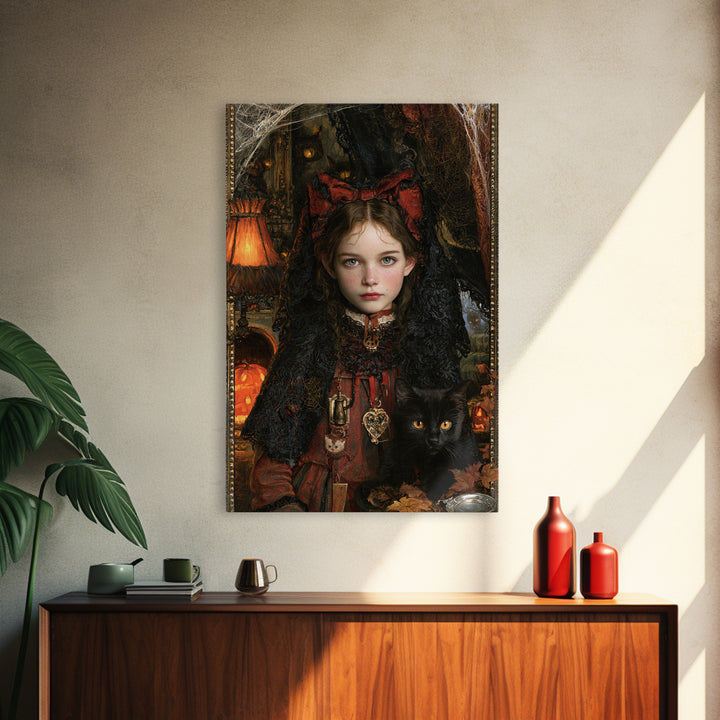 Black Lace And Cobwebs, Antique Gothic Portrait, Vertical Wall Art, Framed Canvas Print, Gothic Wall Decor, Halloween Portrait Art