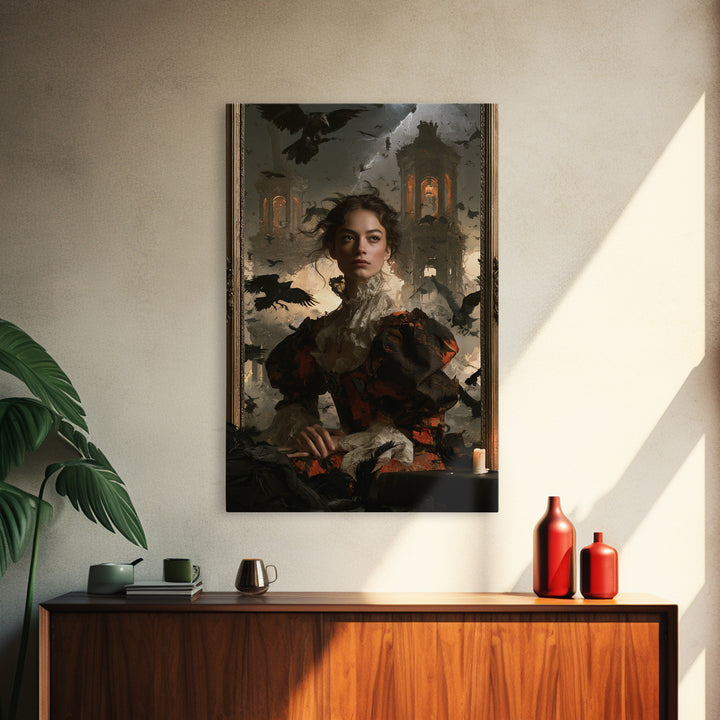 Ravens And Ruins, Victorian Gothic Art, Vertical Wall Art, Framed Canvas Print, Gothic Wall Decor, Halloween Portrait Art