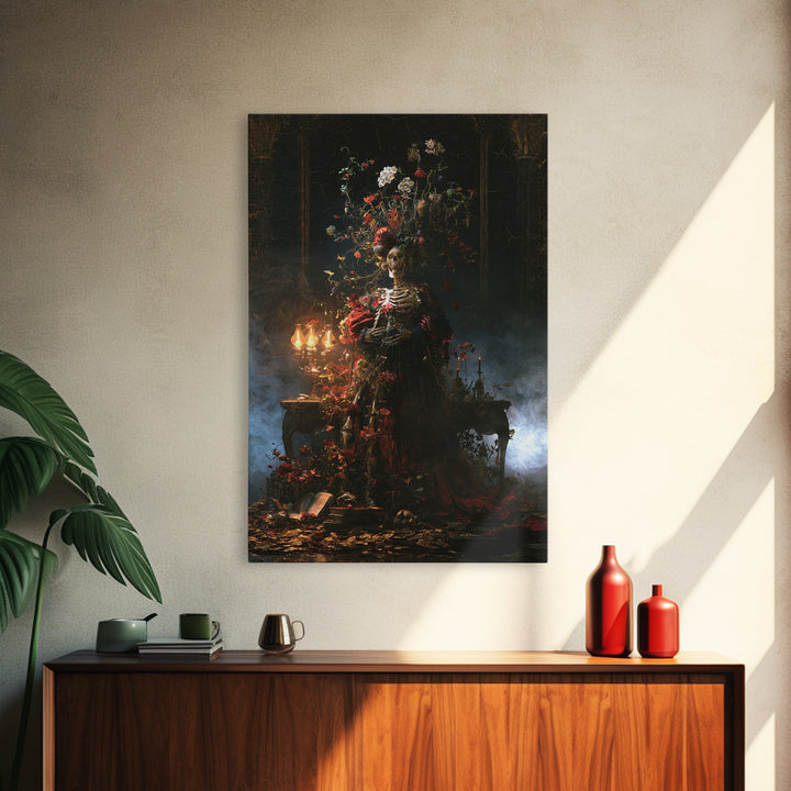 Skeletal Botanicals, Macabre Victorian Decor, Vertical Wall Art, Canvas Print, Gothic Wall Decor, Halloween Portrait Art, Spooky Wall Decor