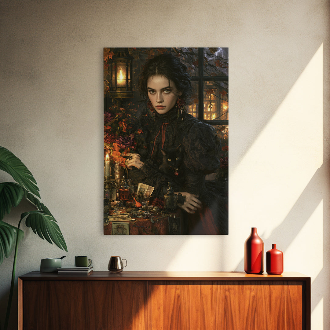 The Poison Garden, Antique Gothic Portrait, Vertical Wall Art, Framed Canvas Print, Gothic Wall Decor, Halloween Portrait Art