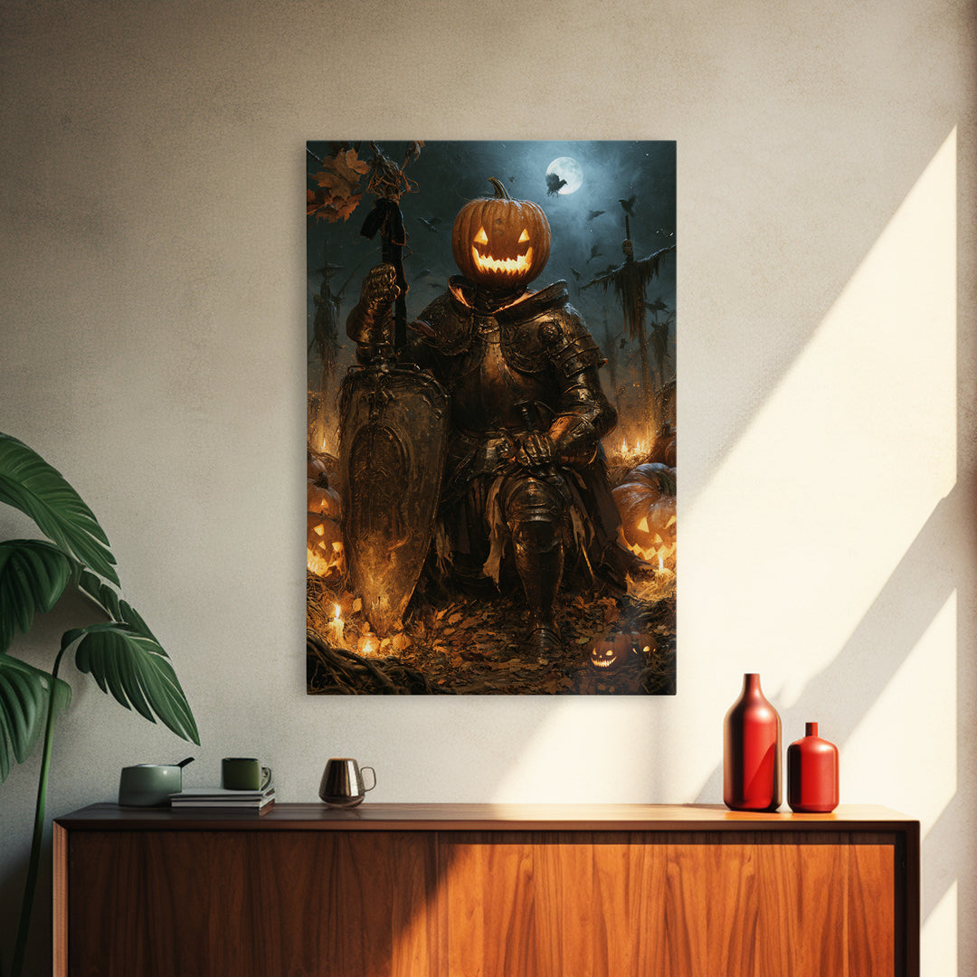 The Pumpkin Paladin, Victorian Horror Portrait, Vertical Wall Art, Canvas Print, Gothic Wall Decor, Halloween Portrait Art, Macabre Wall Art