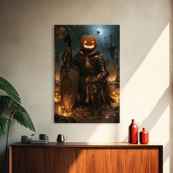 The Pumpkin Paladin, Victorian Horror Portrait, Vertical Wall Art, Canvas Print, Gothic Wall Decor, Halloween Portrait Art, Macabre Wall Art