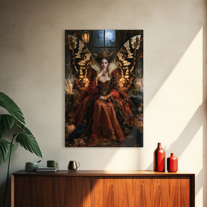 The Moth-Winged Empress, Antique Gothic Portrait, Vertical Wall Art, Framed Canvas Print, Gothic Wall Decor, Halloween Portrait Art