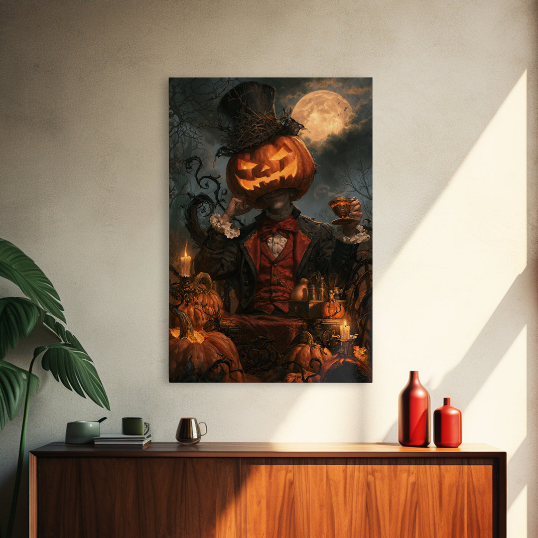 The Pumpkin-Headed Tea Merchant, Victorian Gothic Art, Vertical Wall Art, Framed Canvas Print, Gothic Wall Decor, Halloween Portrait Art