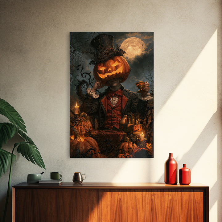 The Pumpkin-Headed Tea Merchant, Victorian Gothic Art, Vertical Wall Art, Framed Canvas Print, Gothic Wall Decor, Halloween Portrait Art