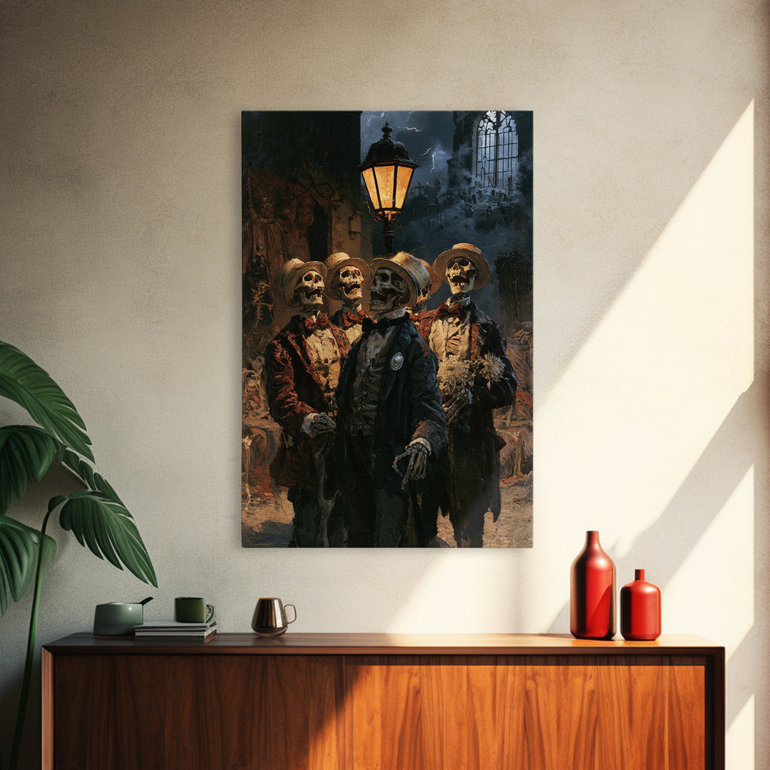 The Skeleton Barbershop Quartet, Victorian Gothic Art, Vertical Wall Art, Canvas Print, Gothic Wall Decor, Halloween Portrait Art