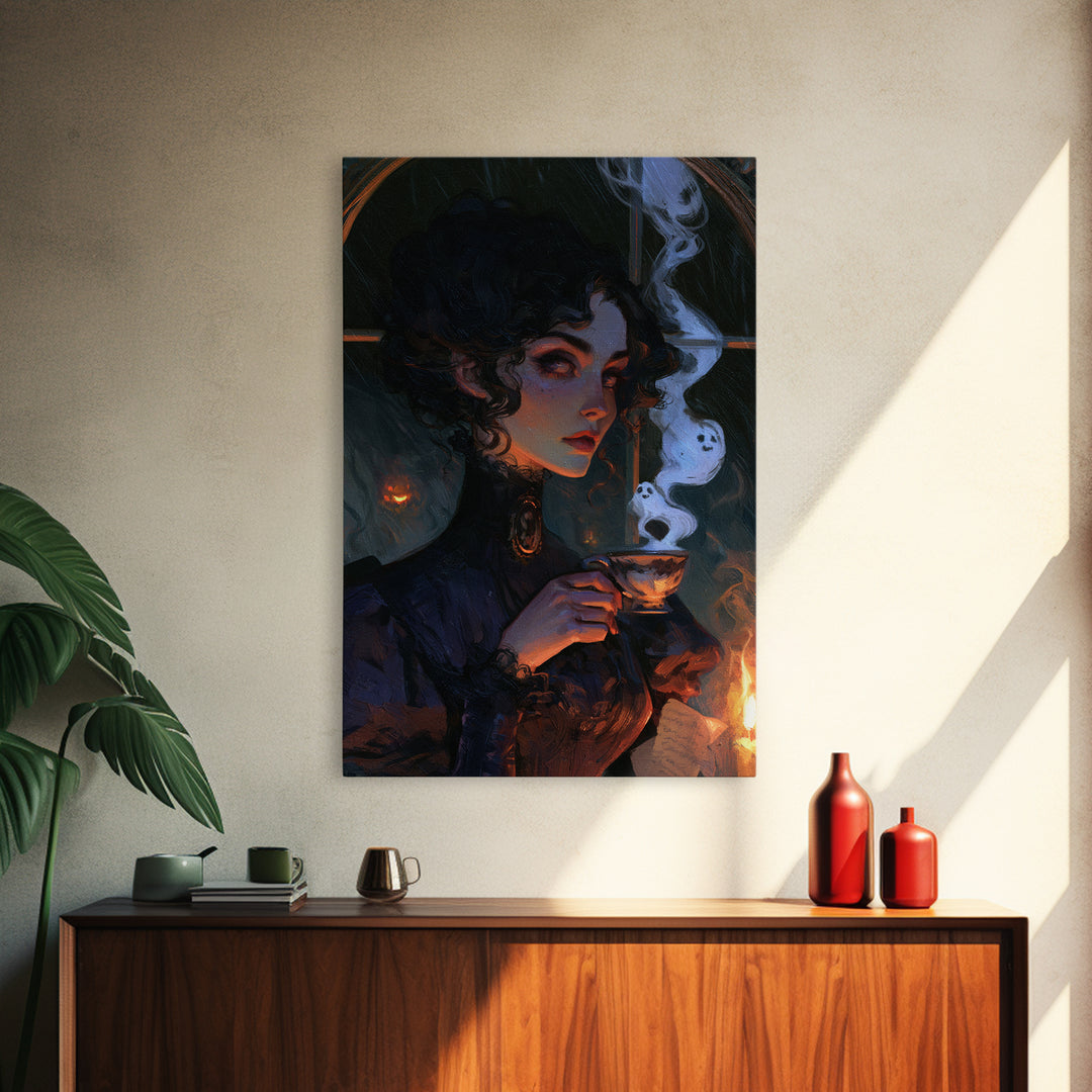 Tiny Ghosts In Teacups, Victorian Horror Portrait, Vertical Wall Art, Canvas Print, Gothic Wall Decor, Halloween Portrait Art