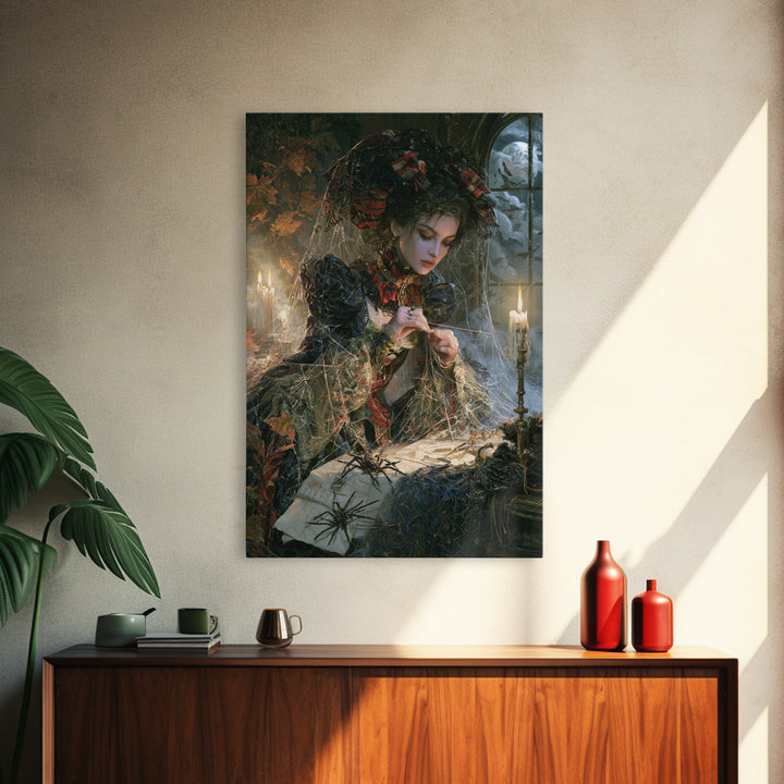 The Spider Sewing Circle, Victorian Horror Portrait, Vertical Wall Art, Framed Canvas Print, Gothic Wall Decor, Halloween Portrait Art