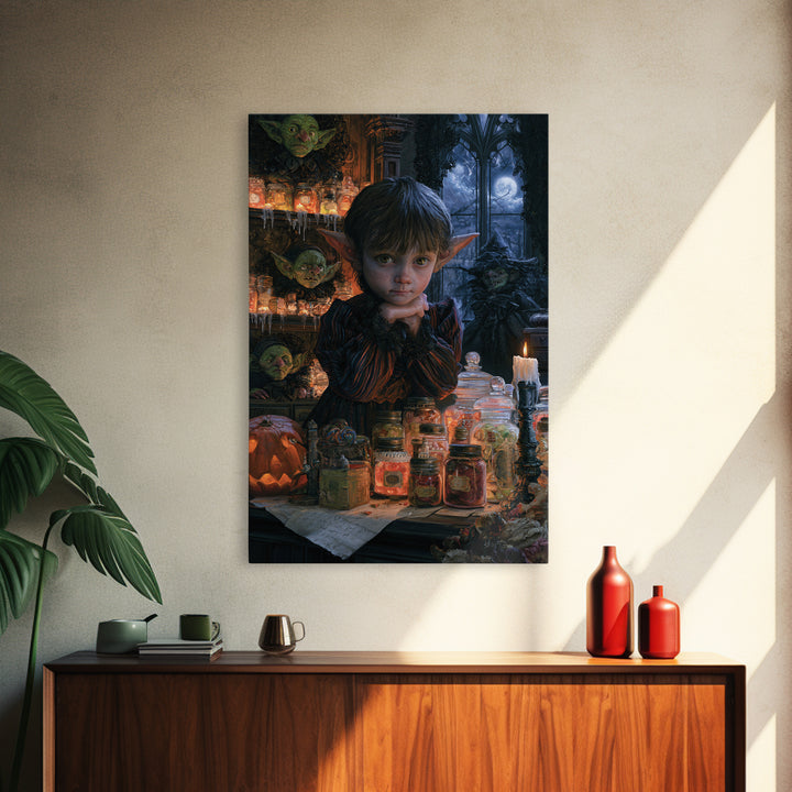The Goblin Candy Shop, Dark Academia Wall Art, Vertical Wall Art, Framed Canvas Print, Gothic Wall Decor, Halloween Portrait Art