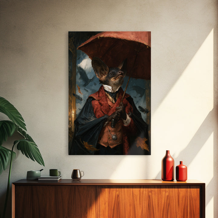The Bat Umbrella Salesman, Macabre Victorian Decor, Vertical Wall Art, Canvas Print, Gothic Wall Decor, Halloween Portrait Art