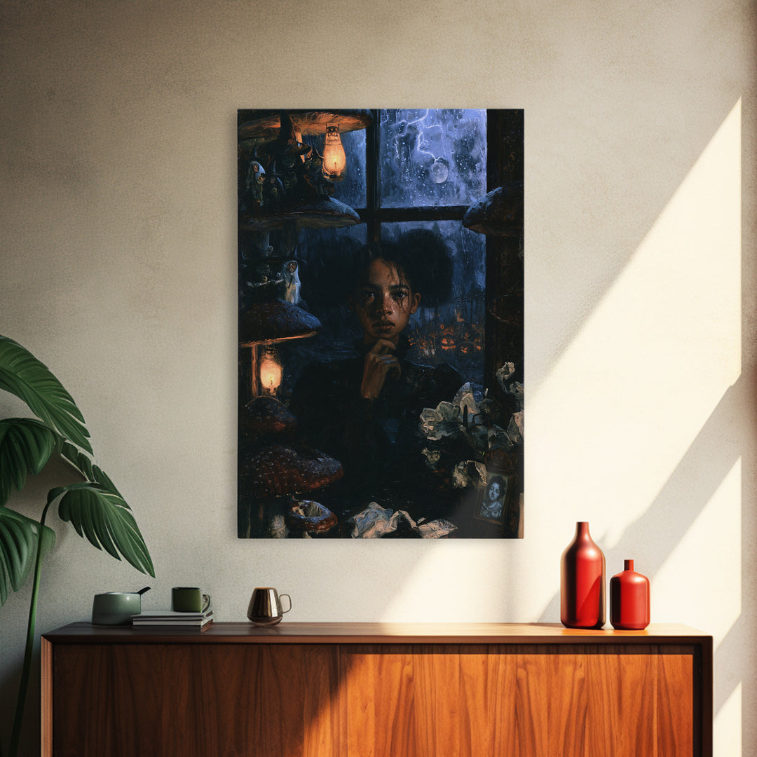 The Moonlit Mushroom Village, Macabre Victorian Decor, Vertical Wall Art, Canvas Print, Gothic Wall Decor, Halloween Portrait Art