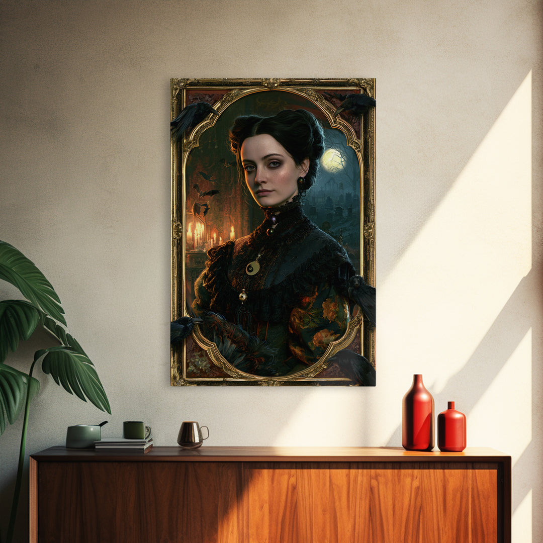 The Raven Post Office, Victorian Horror Portrait, Vertical Wall Art, Framed Canvas Print, Gothic Wall Decor, Halloween Portrait Art