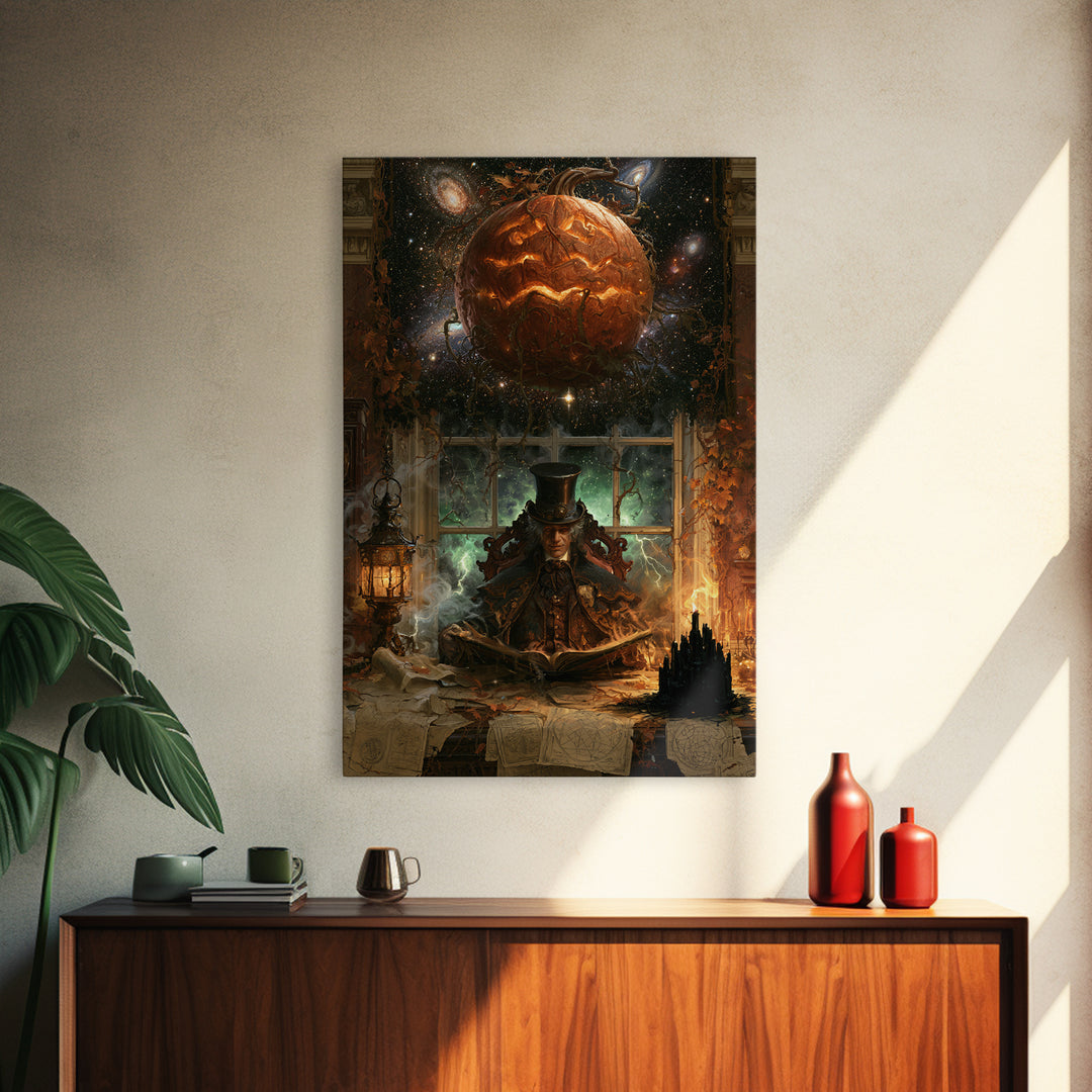 The Cosmic Pumpkin God, Macabre Victorian Decor, Vertical Wall Art, Canvas Print, Gothic Wall Decor, Halloween Portrait Art, Horror Wall Art