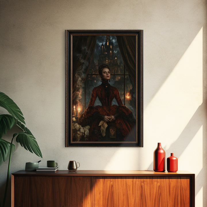 The Haunted City Skyline, Victorian Gothic Art, Vertical Wall Art, Framed Canvas Print, Gothic Wall Decor, Halloween Portrait Art