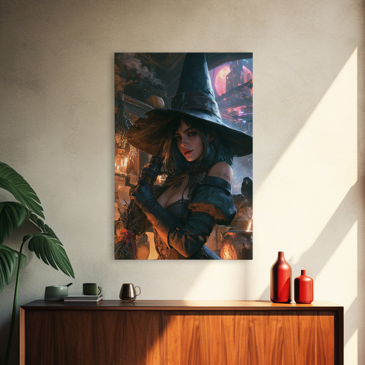 The Cyberpunk Witch, Dark Academia Wall Art, Vertical Wall Art, Canvas Print, Gothic Wall Decor, Halloween Portrait Art, Halloween Decor