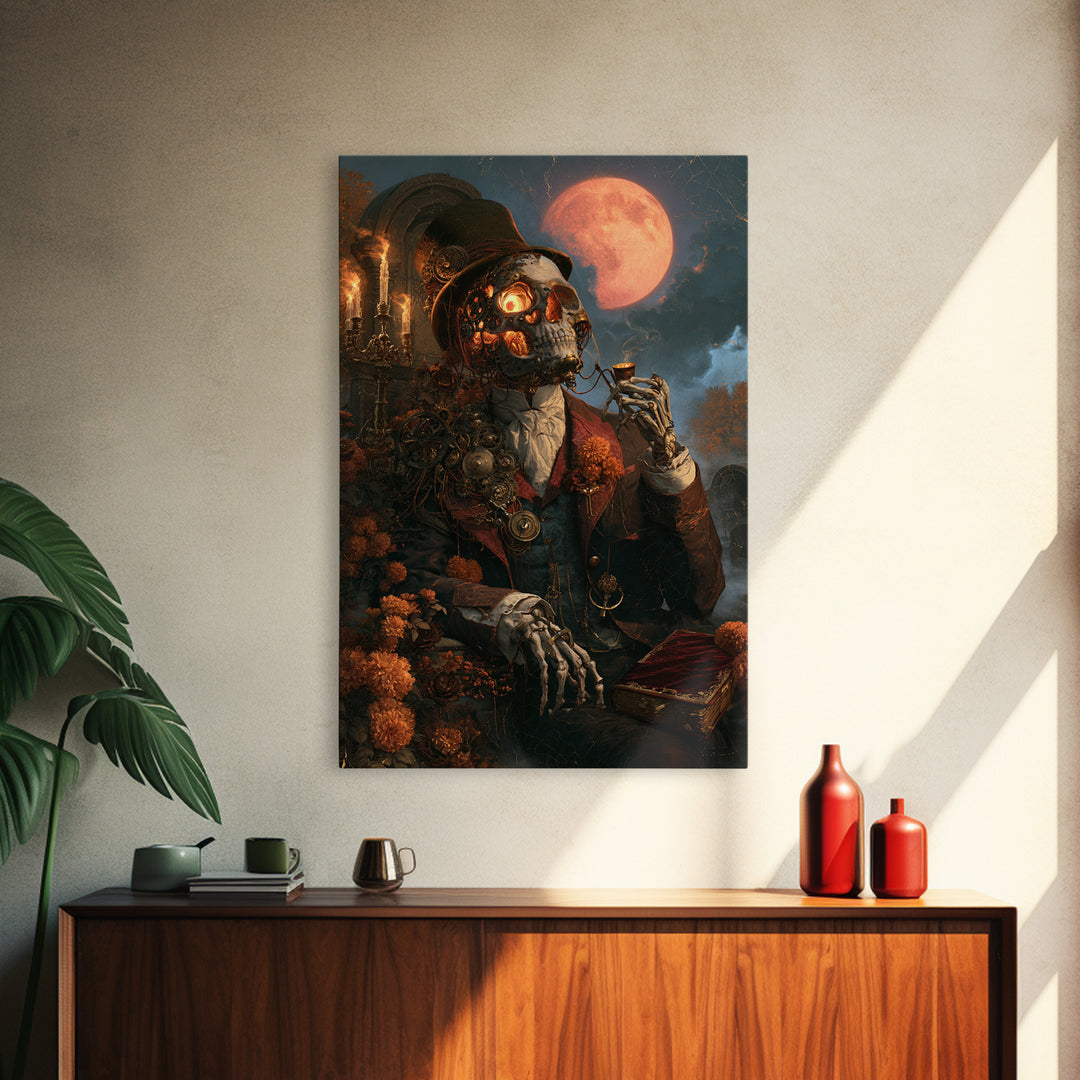 The Biomechanical Skeleton, Antique Gothic Portrait, Vertical Wall Art, Canvas Print, Gothic Wall Decor, Halloween Portrait Art