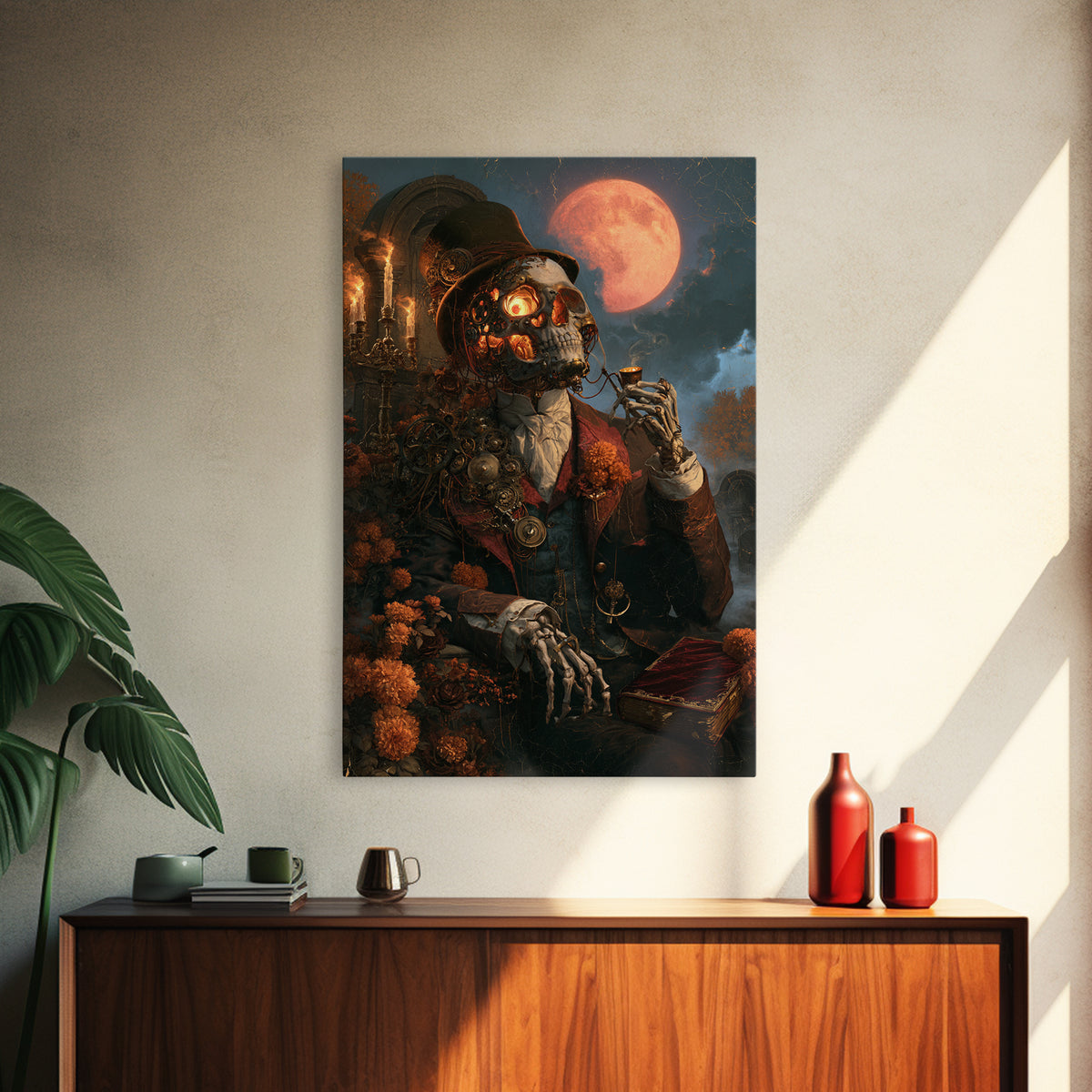 The Biomechanical Skeleton, Antique Gothic Portrait, Vertical Wall Art, Canvas Print, Gothic Wall Decor, Halloween Portrait Art