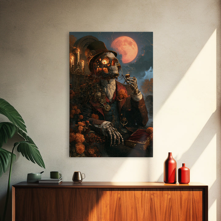 The Biomechanical Skeleton, Antique Gothic Portrait, Vertical Wall Art, Canvas Print, Gothic Wall Decor, Halloween Portrait Art