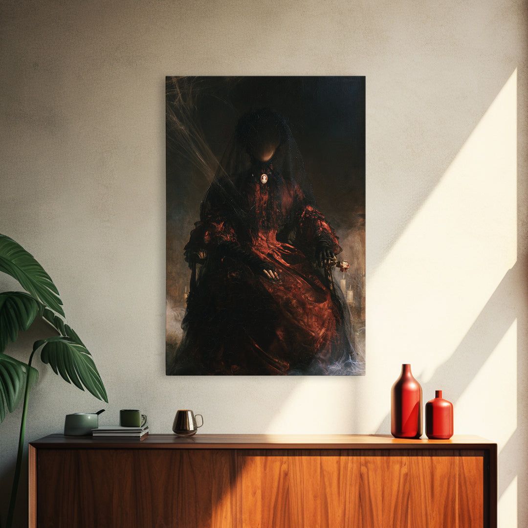 The Invisible Mourner Of Glass House, Dark Academia Wall Art, Vertical Wall Art, Canvas Print, Gothic Wall Decor, Halloween Portrait Art