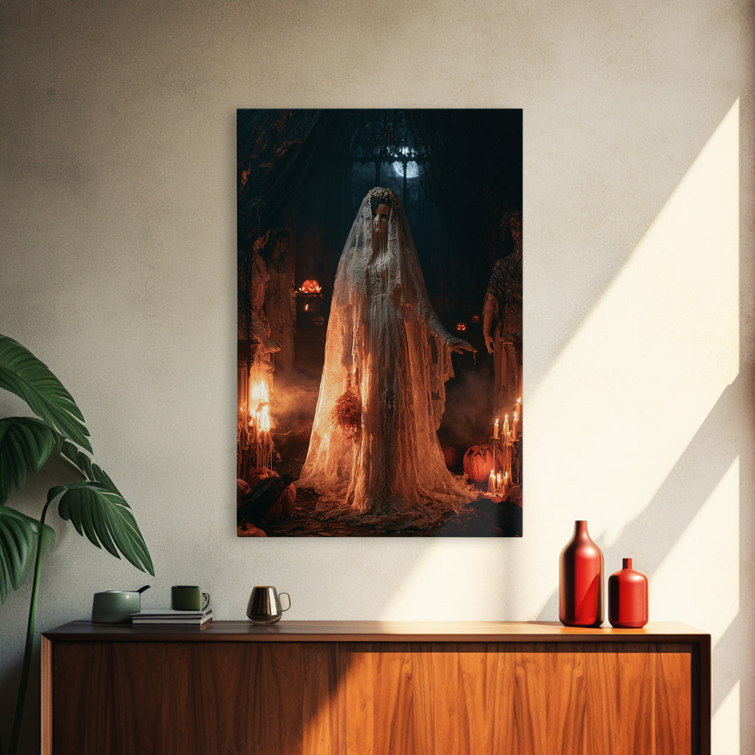 The Wax Bride Of Mourning Hall, Antique Gothic Portrait, Vertical Wall Art, Framed Canvas Print, Gothic Wall Decor, Halloween Portrait Art