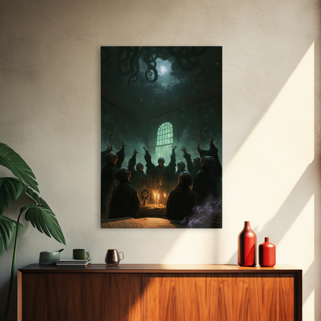 The Choir Of Deepwater Acolytes, Victorian Gothic Art, Vertical Wall Art, Framed Canvas Print, Gothic Wall Decor, Halloween Portrait Art