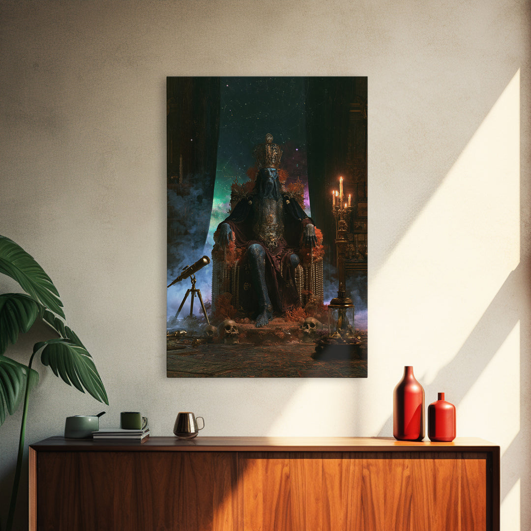 The Watcher In The Coral Throne, Lovecraftian Portrait Art, Vertical Wall Art, Framed Canvas Print, Gothic Wall Decor, Gothic Home Decor