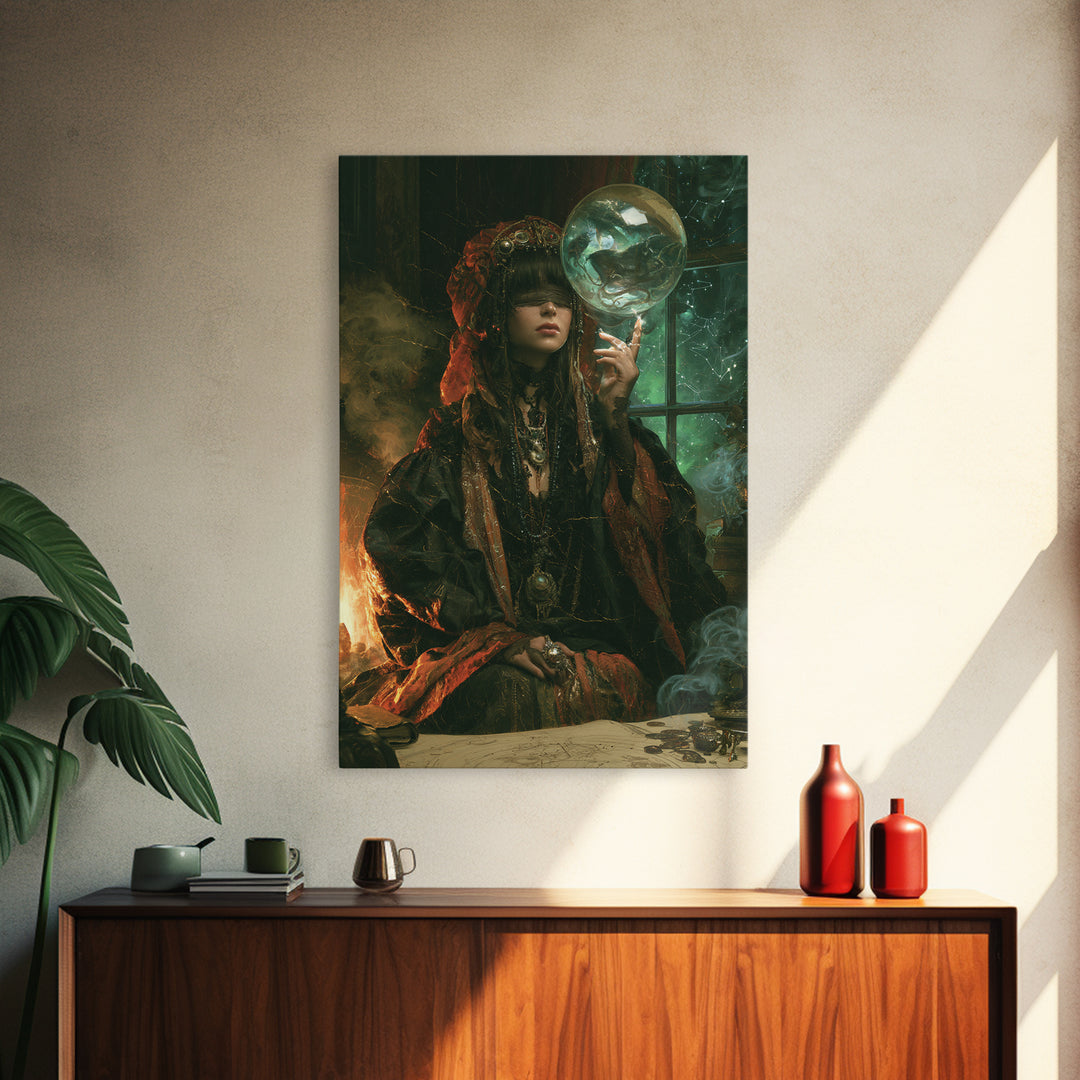 The Oracle Of The Glass Depths, Macabre Victorian Decor, Vertical Wall Art, Framed Canvas Print, Gothic Wall Decor, Halloween Portrait Art