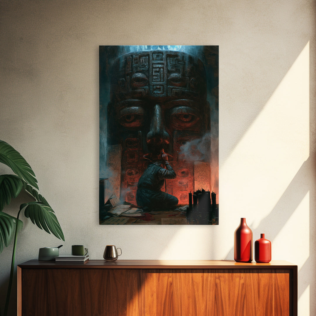The Custodian Of The Whispering Idol, Victorian Horror Portrait, Vertical Wall Art, Framed Canvas Print, Gothic Wall Decor