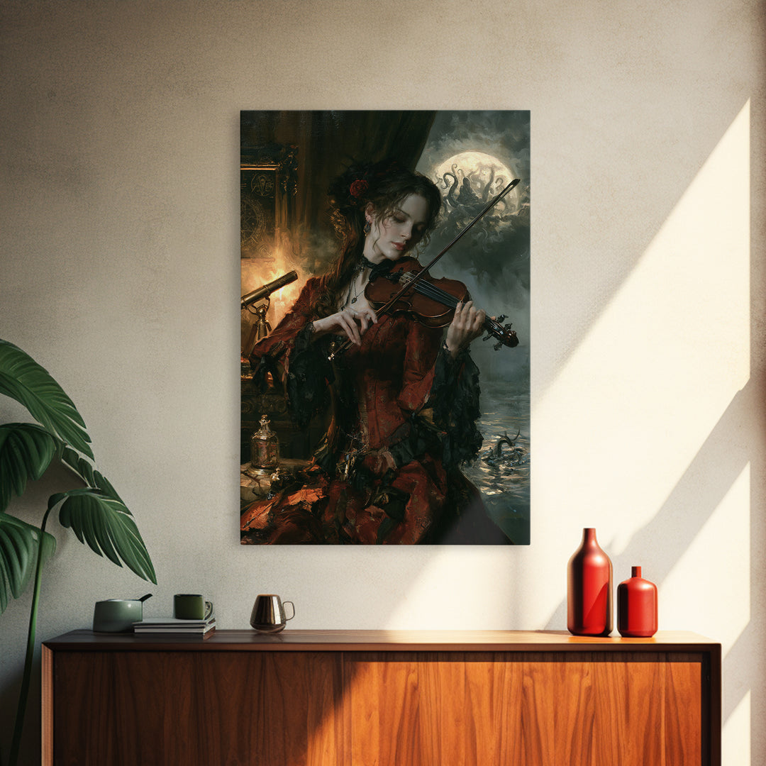 The Violinist Of The Drowned Moon, Victorian Horror Portrait, Vertical Wall Art, Framed Canvas Print, Gothic Wall Decor