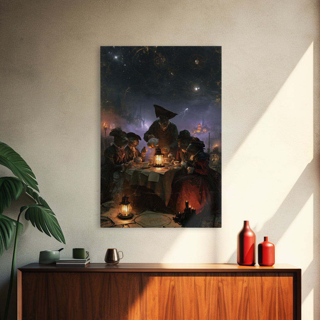 The Tea Party At Innsmouth Pier, Lovecraftian Portrait Art, Vertical Wall Art, Framed Canvas Print, Gothic Wall Decor