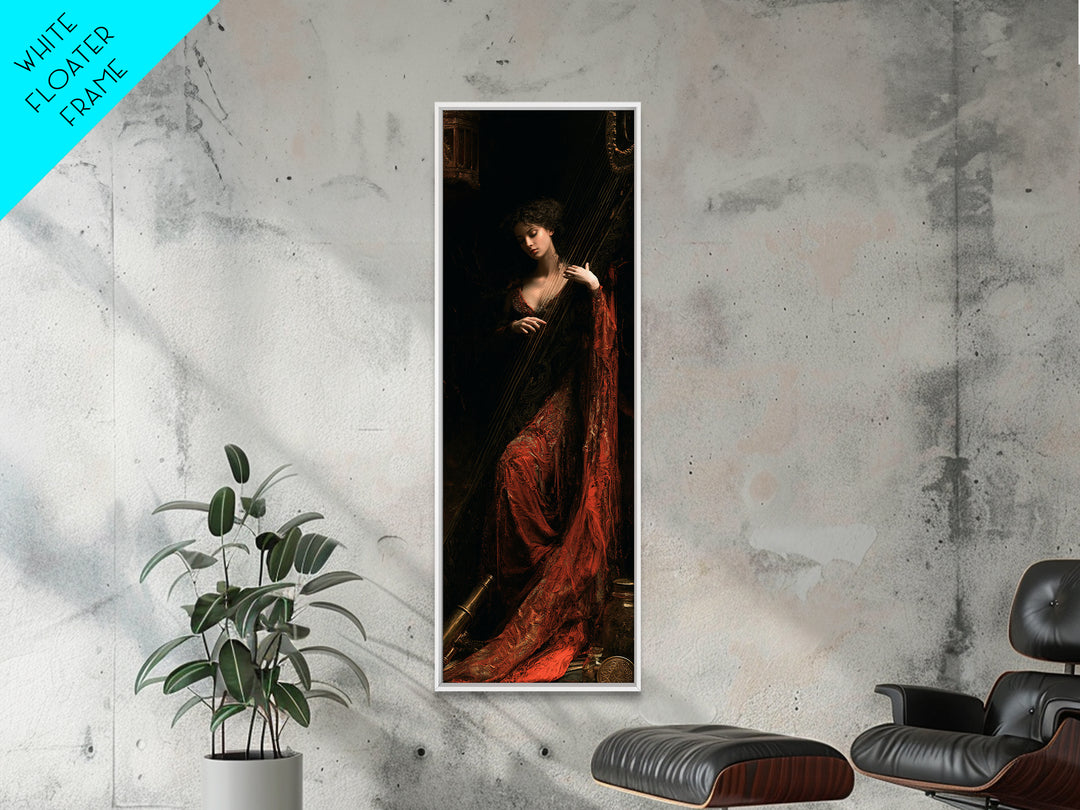 The Harpist Of Abyssal Sleep, Victorian Gothic Art, Tall Narrow Wall Art, Canvas Print, Gothic Wall Decor, Halloween Portrait Art