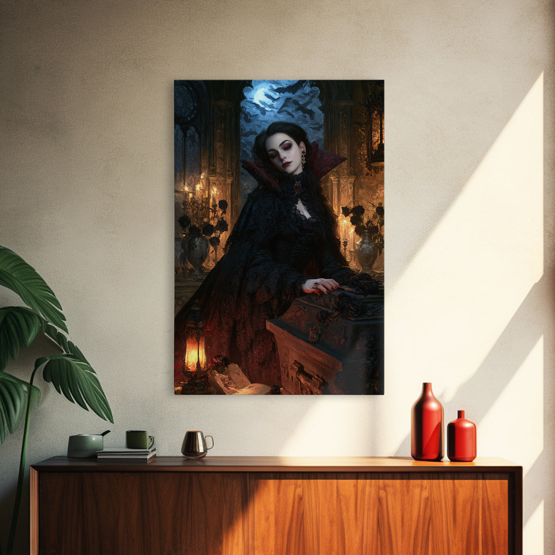 The Rose-Coffin Countess, Victorian Vampire Portrait, Vertical Canvas Print, Classic Halloween Decor, Canvas Print, Classic Monster Art